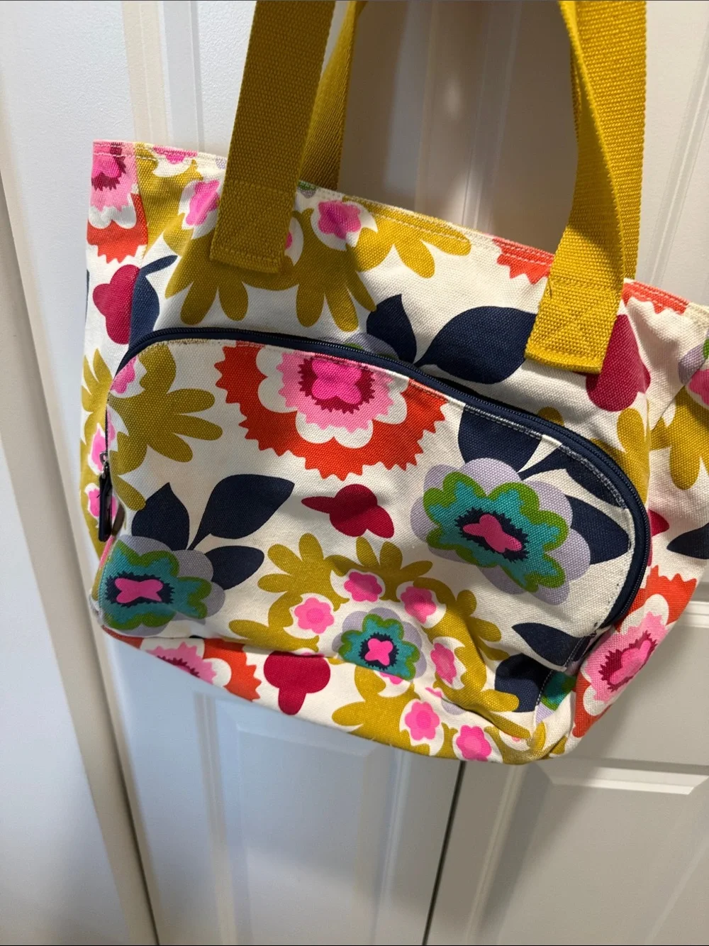 Floral Canvas Tote Bag with Mustard Handles